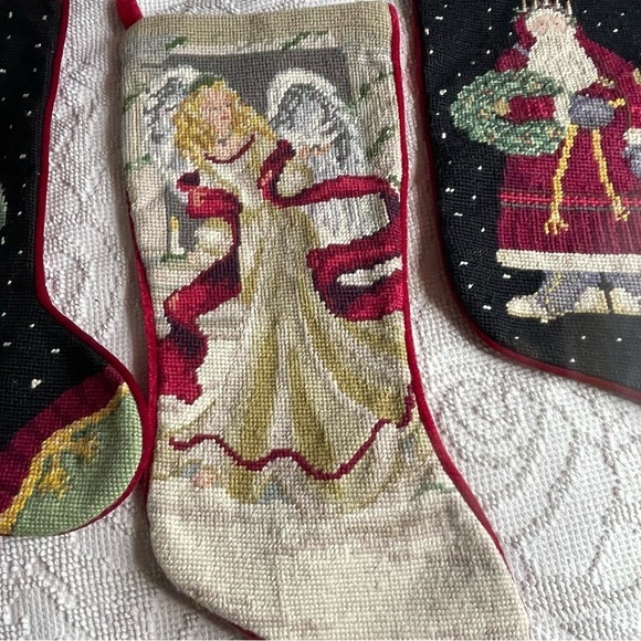Set of 3 Vintage Needlepoint Velvet Christmas Stockings Santa and Angel Wool - Picture 3 of 8
